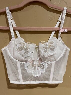 Victoria's Secret White Floral Appliqué Longline Bralette with Sheer Mesh